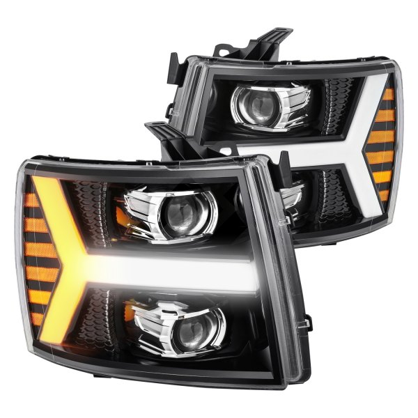AlphaRex® - Luxx-Series Jet Black Sequential DRL Bar Projector LED Headlights, Chevy Silverado