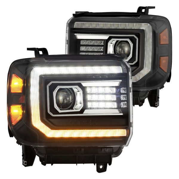 AlphaRex® - PRO-Series Black Sequential LED DRL Bar Projector Headlights, GMC Sierra