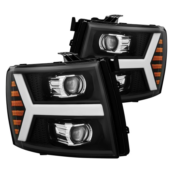 AlphaRex® - PRO-Series Y-Shape Black Sequential LED DRL Bar Projector Headlights, Chevy Silverado