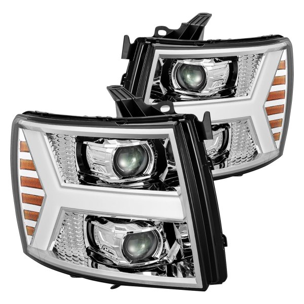 AlphaRex® - PRO-Series Y-Shape Chrome Sequential LED DRL Bar Projector Headlights, Chevy Silverado