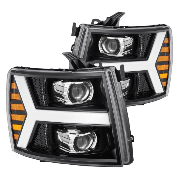 AlphaRex® - PRO-Series Y-Shape Jet Black Sequential LED DRL Bar Projector Headlights, Chevy Silverado