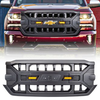 AM Off-Road® - 1-Pc Armor Style Matte Black Main Grille with Amber Lights and Emblem Base
