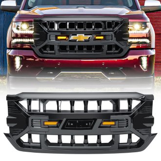 AM Off-Road® - 1-Pc Armor Style Glossy Black Main Grille with Amber Lights and Emblem Base