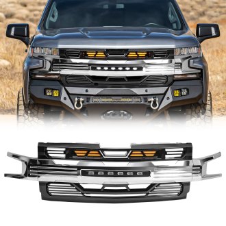AM Off-Road® - 1-Pc Armor Style Glossy Black and Chrome Main Grille with Off-Road Lights