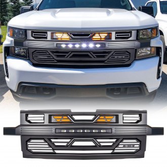 AM Off-Road® - 1-Pc Armor Style Matte Black Main Grille with Off-Road Lights and Amber Light