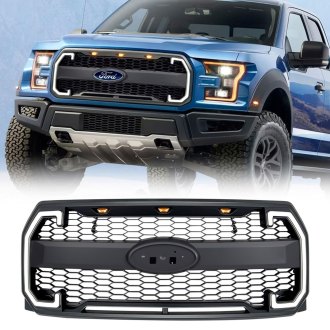 AM Off-Road® - 1-Pc Matte Black Main Grille with Amber Lights, DRL, Signal Lights and Emblem Base