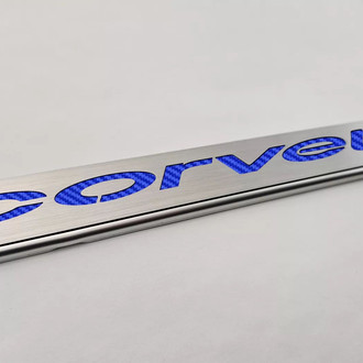 ACC® - GM Licensed Series Brushed License Plate Frame with Blue Carbon Fiber Corvette Logo