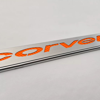 ACC® - GM Licensed Series Brushed License Plate Frame with Orange Carbon Fiber Corvette Logo