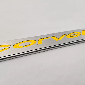 ACC® - GM Licensed Series Brushed License Plate Frame with Yellow Carbon Fiber Corvette Logo