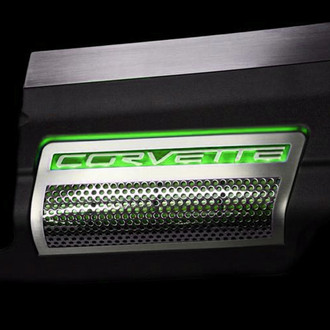 ACC® - Perforated Green Illuminated Polished Engine Shroud Side Inserts with Corvette Logo