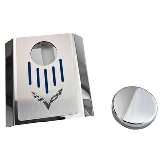 ACC® - Corvette Flag Style Polished Master Cylinder Cover with Dark Blue Solid Ribbed Top Plate