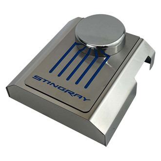 ACC® - Stingray Style Polished Master Cylinder Cover with Dark Blue Solid Ribbed Top Plate
