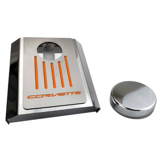 ACC® - Corvette Style Polished Master Cylinder Cover with Orange Carbon Fiber Ribbed Top Plate