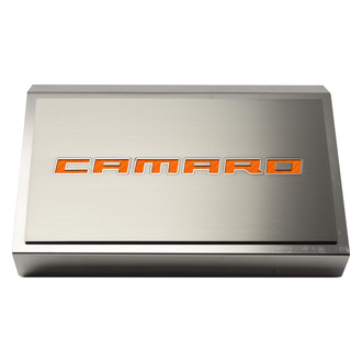 ACC® - Brushed Fuse Box Plate with Orange Carbon Fiber Camaro Logo