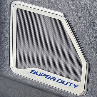 ACC® - Polished Front Inner Door Speaker Trims with Ford Blue SUPER DUTY Logo