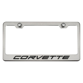 ACC® - GM Licensed Series Brushed License Plate Frame with Black Carbon Fiber Corvette Logo