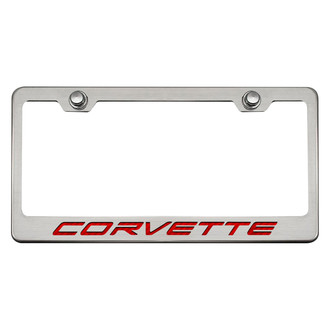 ACC® - GM Licensed Series Brushed License Plate Frame with Red Carbon Fiber Corvette Logo