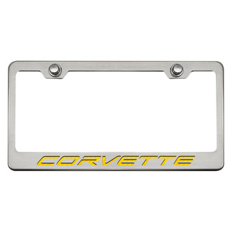 ACC® - GM Licensed Series Brushed License Plate Frame with Yellow Carbon Fiber Corvette Logo