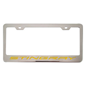 ACC® - Brushed License Plate Frame with Yellow Carbon Fiber Stingray Logo