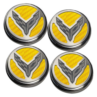 ACC® - Brushed Yellow Carbon Fiber Cap Cover Set with Crossed Flags Logo
