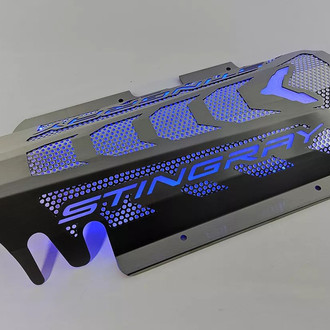 ACC® - Perforated Blue Illuminated Brushed Engine Shroud Cover with No Color Stingray Lettering