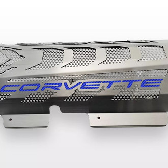 ACC® - Perforated Non-Illuminated Brushed Engine Shroud Cover with Blue Corvette Lettering