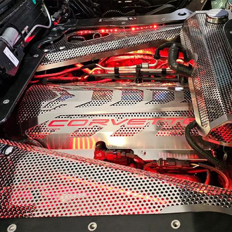 ACC® - Perforated Red Illuminated Brushed Engine Shroud Cover with No Color Corvette Lettering