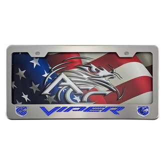 ACC® - Polished License Plate Frame with Blue Carbon Fiber Viper Logo and with Emblem