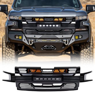American Modified® - 1-Pc Armor Style Glossy Black Main Grille with Off-Road Lights