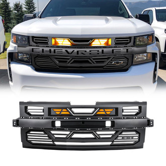 American Modified® - 1-Pc Armor Style Matte Black Main Grille with Amber Lights and Emblem Base