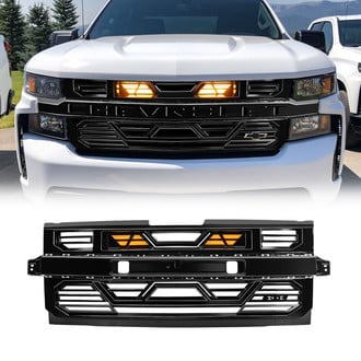 American Modified® - 1-Pc Armor Style Glossy Black Main Grille with Amber Lights and Emblem Base