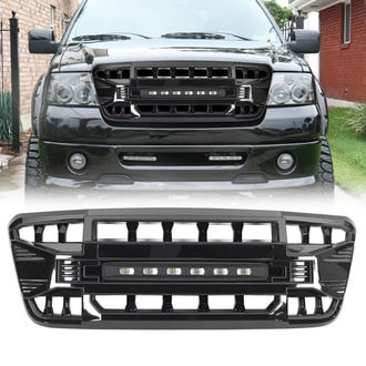 American Modified® - 1-Pc Armor Style Glossy Black Main Grille with Off-Road Lights