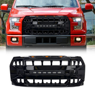 American Modified® - 1-Pc Armor Style Glossy Black Main Grille with Off-Road Lights