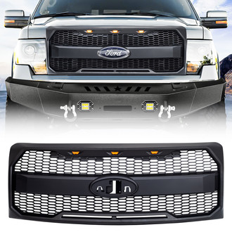 American Modified® - 1-Pc Raptor Style Matte Black Main Grille with Amber Lights and Emblem Base