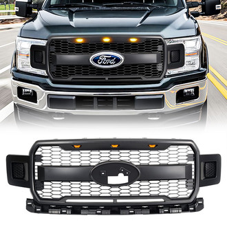 American Modified® - 1-Pc Raptor Style Matte Black Main Grille with Amber Lights