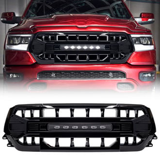 American Modified® - 1-Pc Armor Style Glossy Black Main Grille with Off-Road Lights