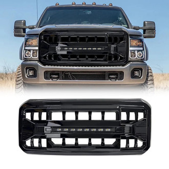American Modified® - 1-Pc Armor Style Glossy Black Main Grille with LED Off-Road Lights