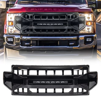 American Modified® - 1-Pc Armor Style Glossy Black Main Grille with LED Off-Road Lights