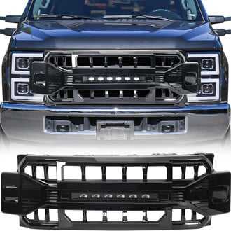 American Modified® - 1-Pc Armor Style Glossy Black Main Grille with LED Off-Road Lights