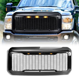 American Modified® - 1-Pc Raptor Style Glossy Black Main Grille with Amber Lights