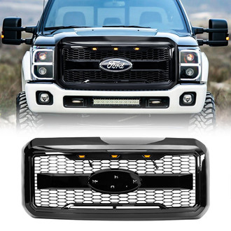 American Modified® - 1-Pc Raptor Style Glossy Black Main Grille with Amber Lights and Emblem Base