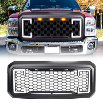 American Modified® - 1-Pc Raptor Style Matte Black Main Grille with Amber Lights, DRL and Signal Lights