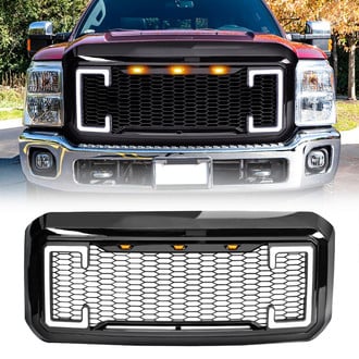 American Modified® - 1-Pc Raptor Style Glossy Black Main Grille with Amber Lights, DRL and Turn Signal Lights