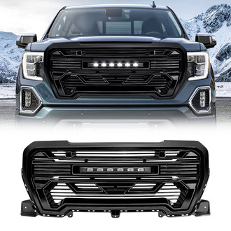 American Modified® - 1-Pc Armor Style Glossy Black Main Grille with LED Off-Road Lights