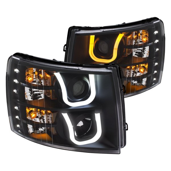 Anzo® - Black Switchback U-Bar™ Projector Headlights with Parking LEDs, Chevy Silverado