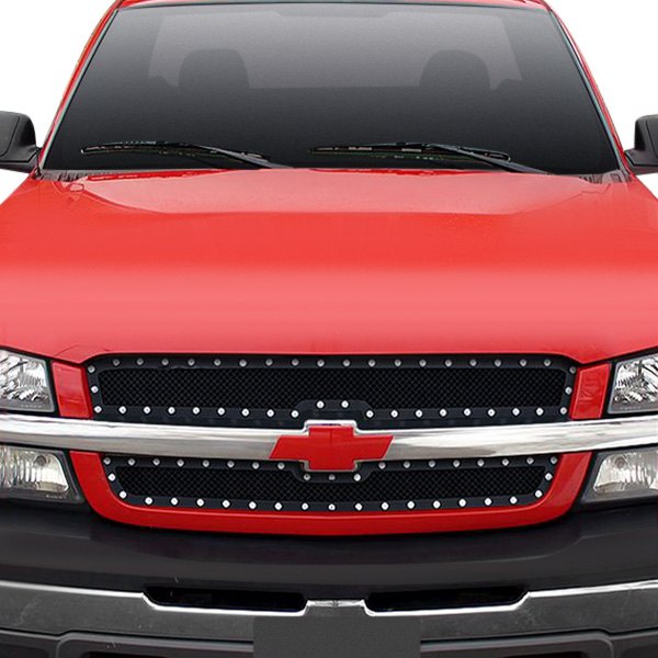 Spec-D Tuning Rivet Style Mesh Black Upper Main Grille Inserts 2Pc for 2003-2006 Chevy Silverado Avalanche