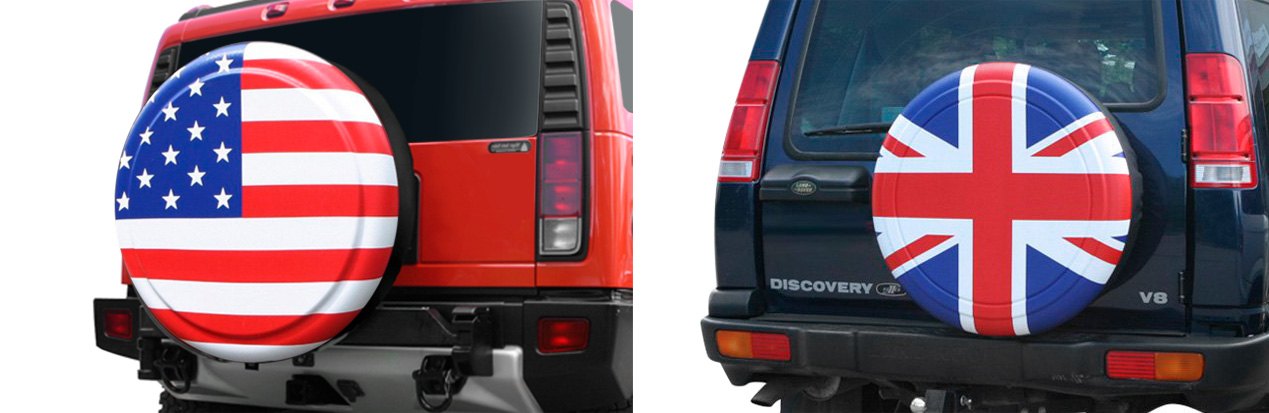 Boomerang Union Jack And American Flag Tire Covers