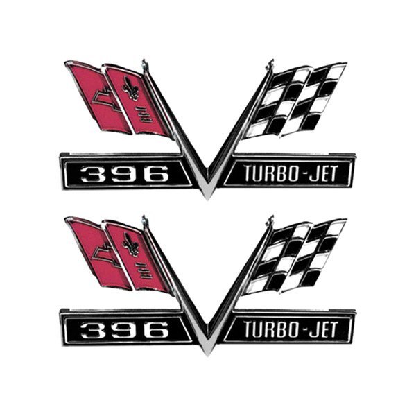 Auto Metal Direct® - CHQ™ "396 Turbo-Jet" Crossed Flags Driver/Passenger Side Fender Emblems