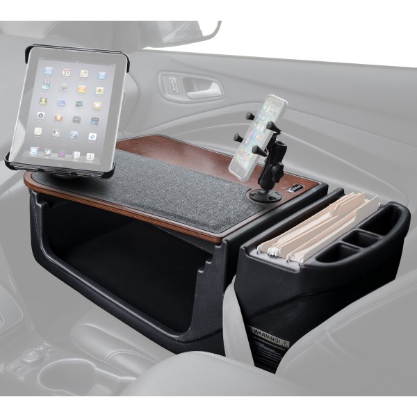 AutoExec® - GripMaster Efficiency Mahogany Desk with Built-in Power Inverter, X-Grip Smartphone Mount and Tablet Mount