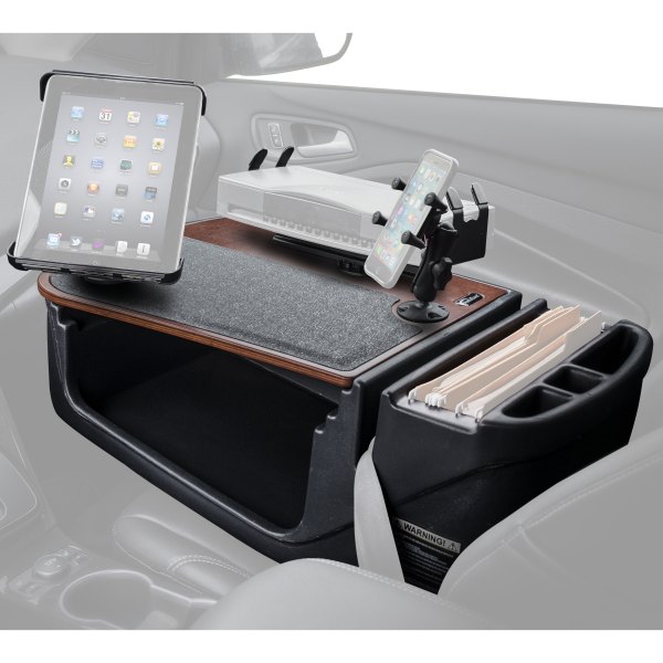 AutoExec® - GripMaster Efficiency Mahogany Desk with Built-in Power Inverter, Printer Stand, X-Grip Smartphone Mount and iPad/Tablet Mount